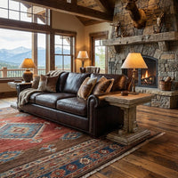 Rustic side table in cozy living room setting.