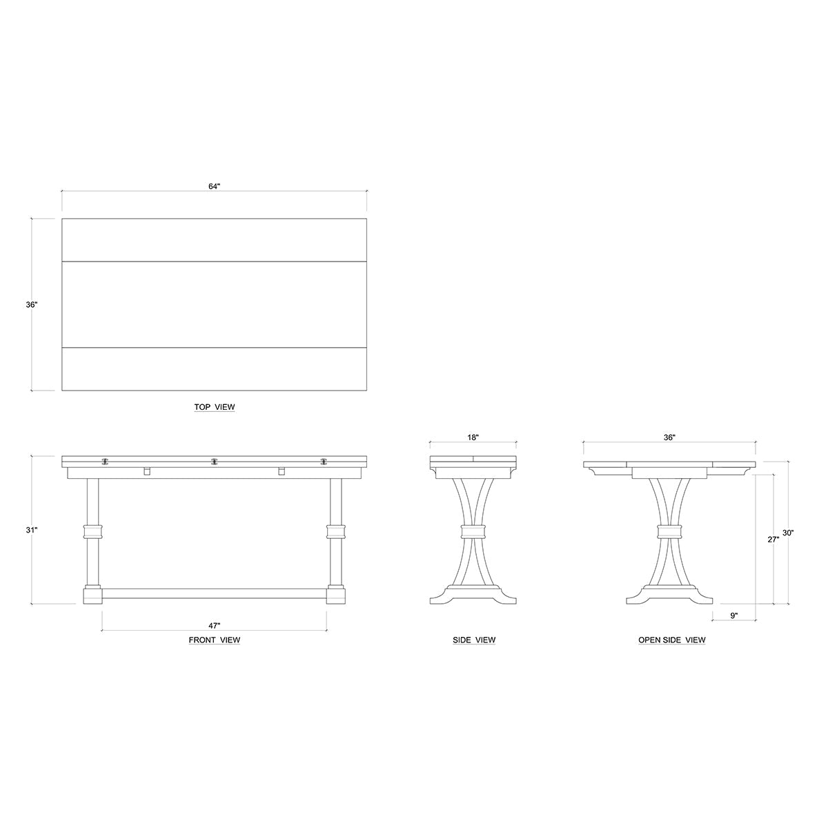 Rustic fold out console table dimensions and diagrams.