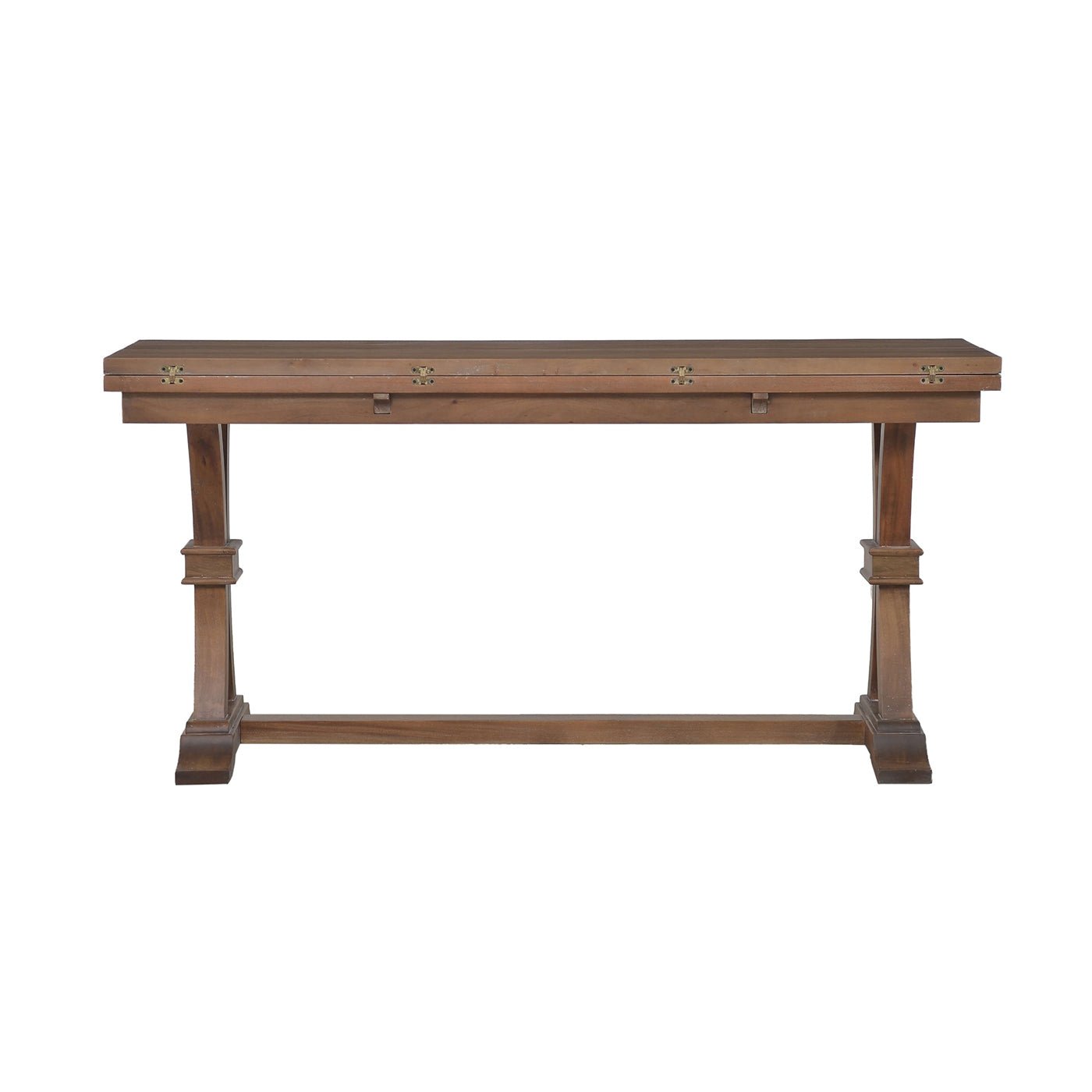 Rustic fold out console table front detail.