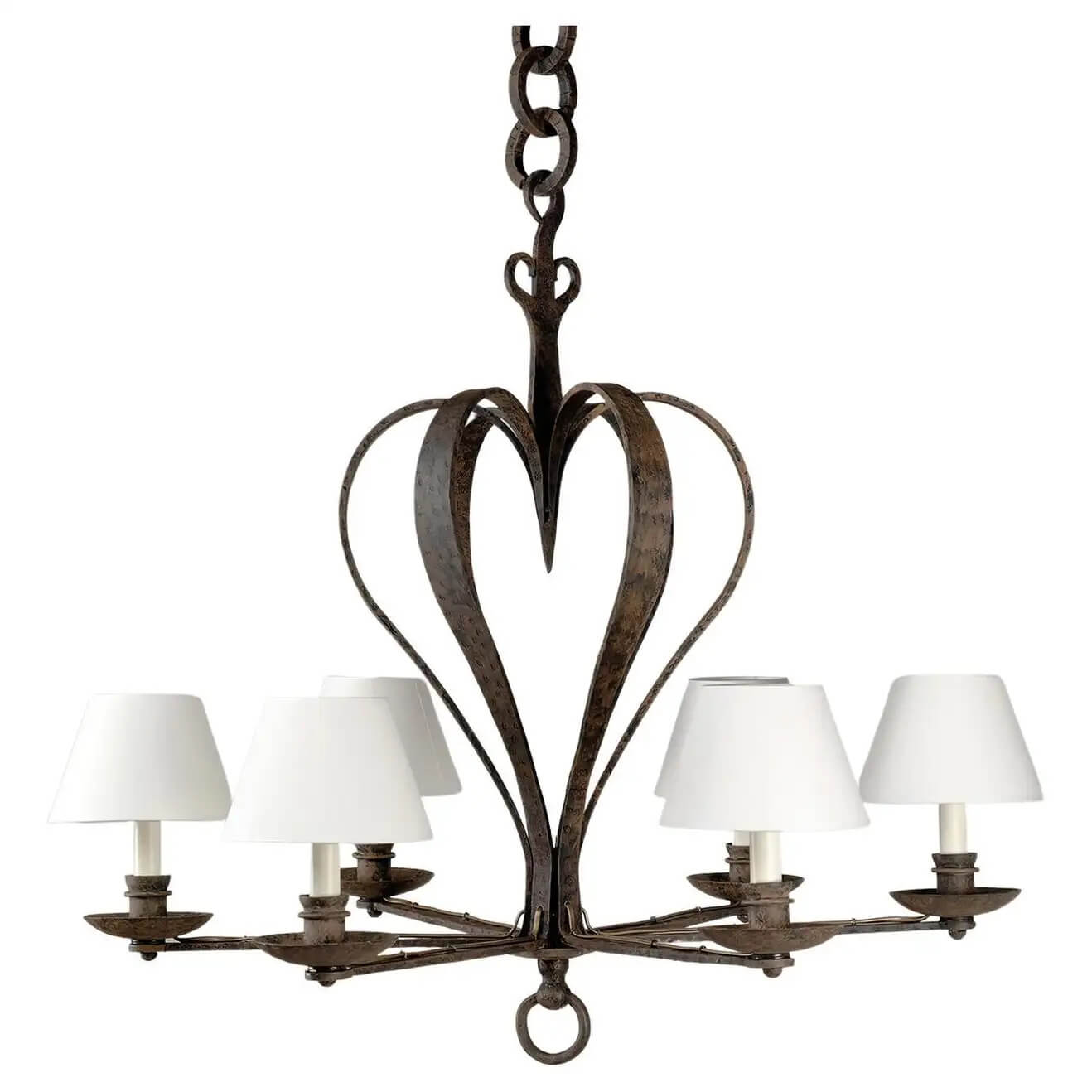 Rustic French Bastille Chandelier with white shades, vintage look.