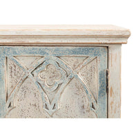 Rustic French Gothic cabinet, detailed door design close-up.