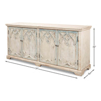 Rustic French Gothic cabinet, dimensions and angled front view.