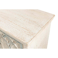 Rustic French Gothic cabinet, detailed top corner texture.
