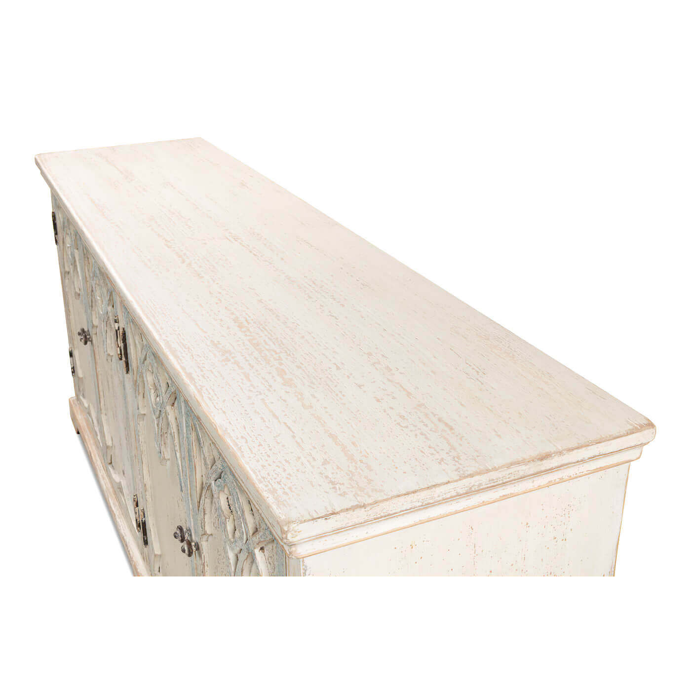 Rustic French Gothic cabinet, top view showing surface detail.