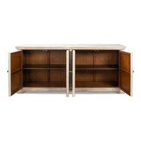 Rustic French Gothic cabinet, open doors revealing shelves.