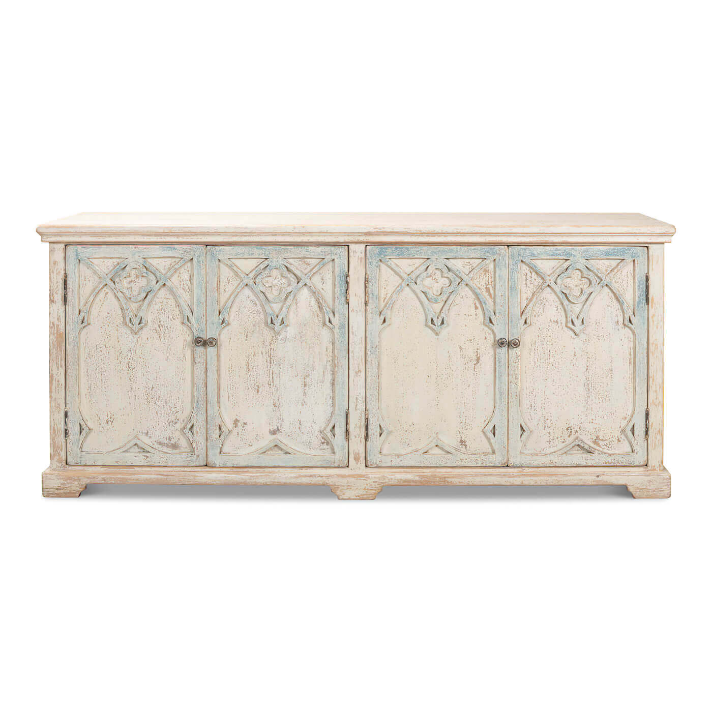 Rustic French Gothic cabinet, front view with closed doors.