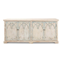 Rustic French Gothic cabinet, front view with closed doors.
