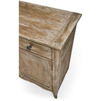 Angled view of sideboard's wooden top and side.