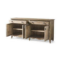 Sideboard with open cabinet doors showing interior.