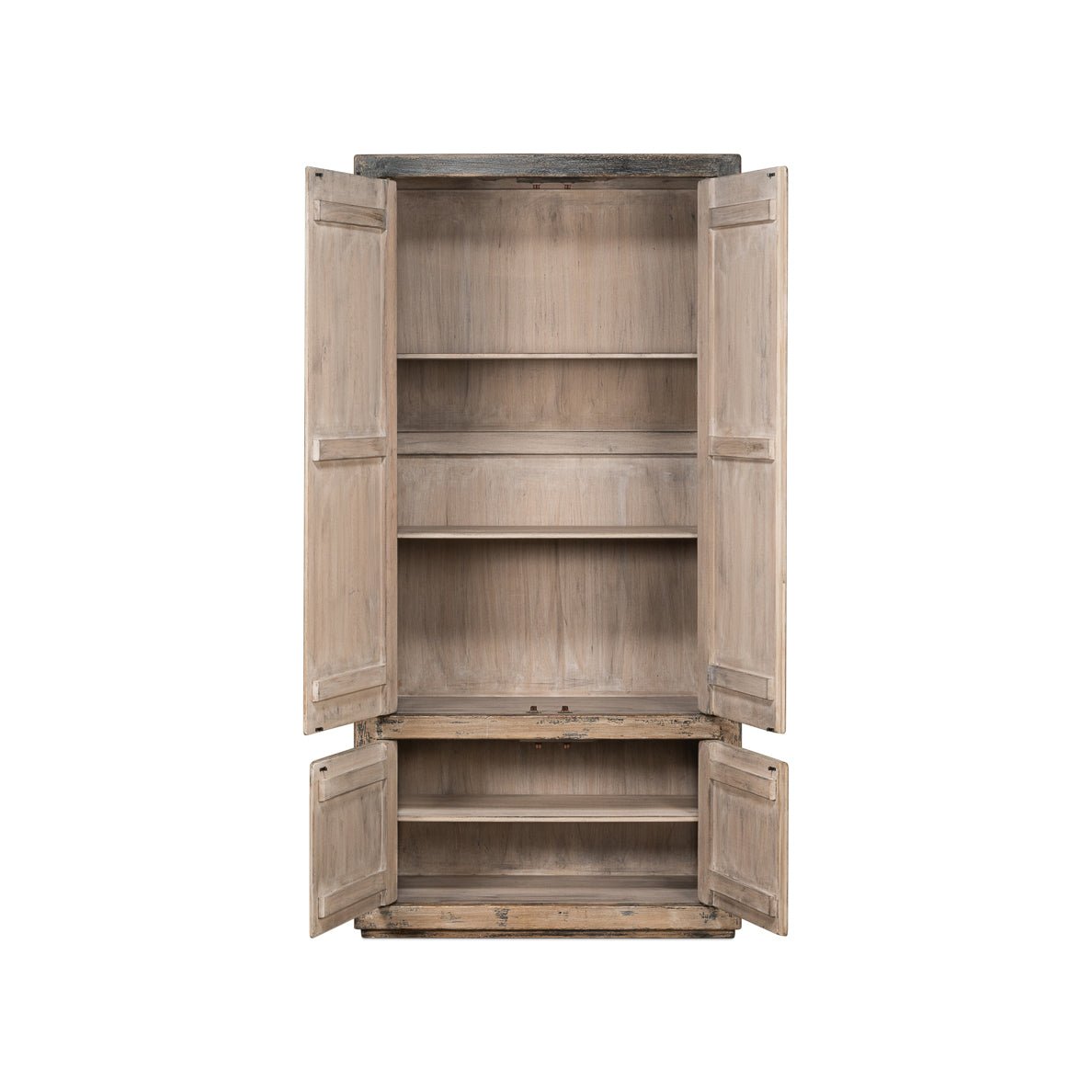 Rustic French tall cabinet, open doors, shelves visible.