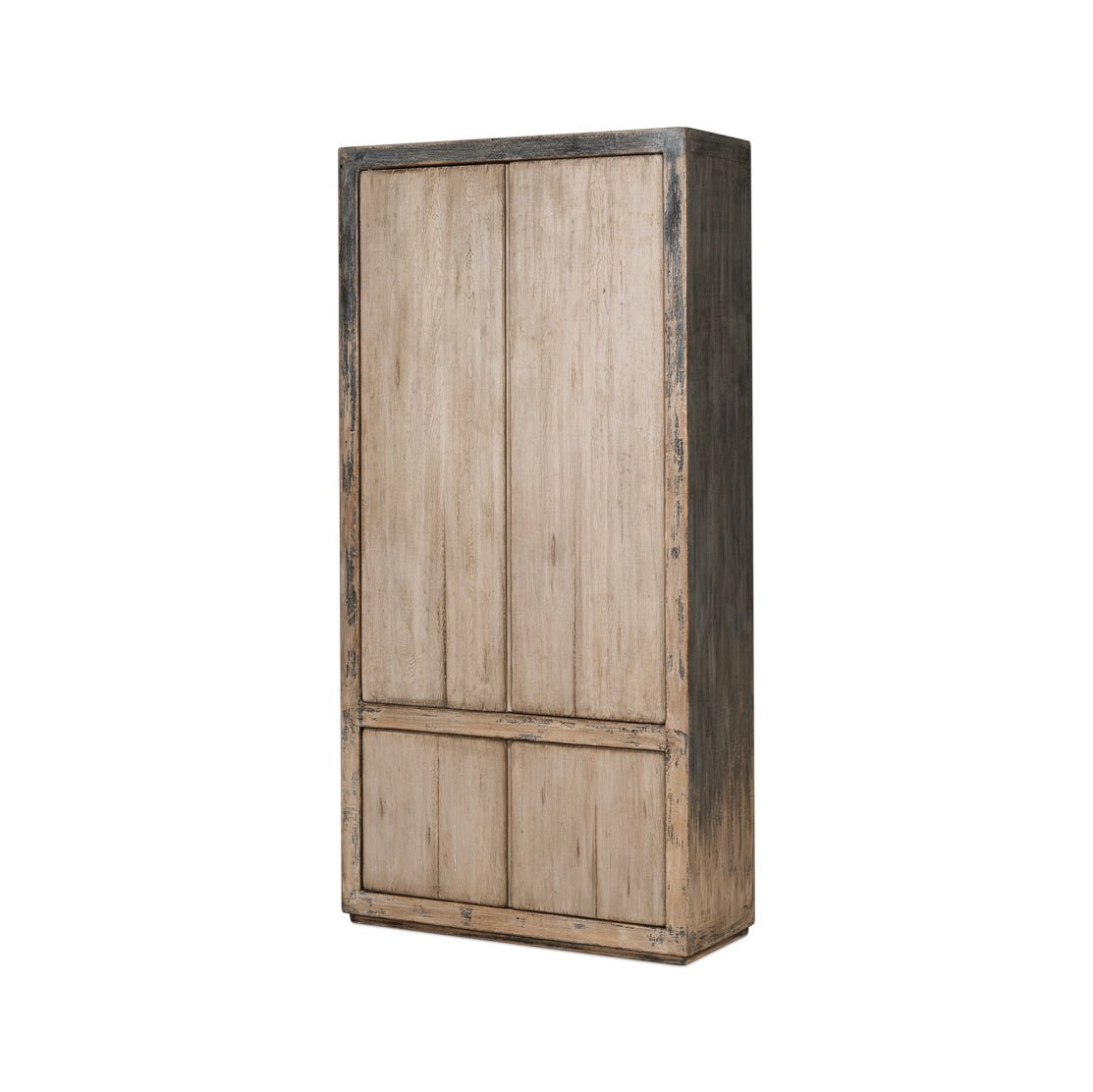 Rustic French tall cabinet, angled front view, closed doors.