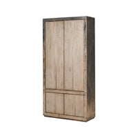 Rustic French tall cabinet, angled front view, closed doors.
