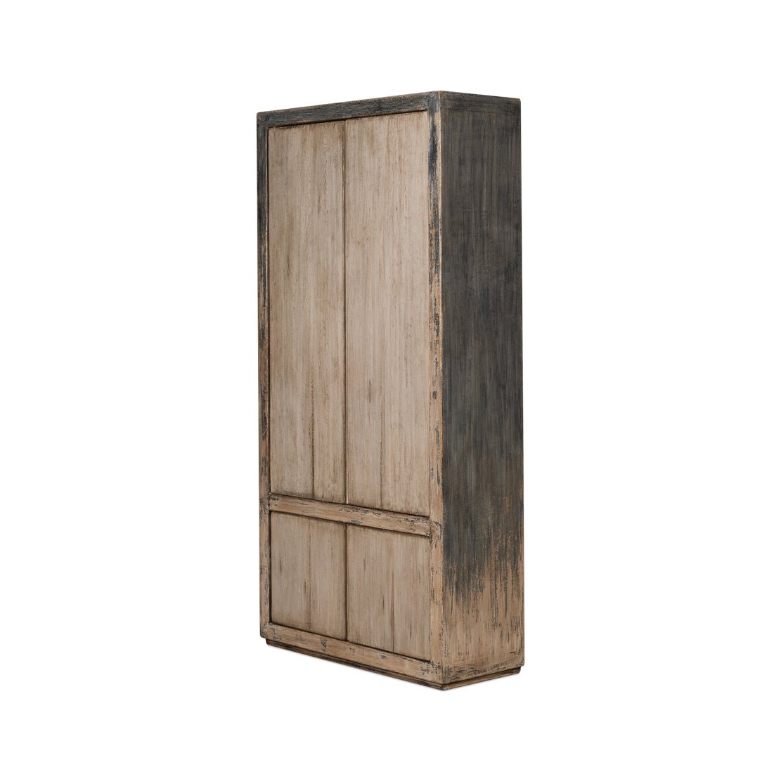 Rustic French tall cabinet, side angled view, closed doors.