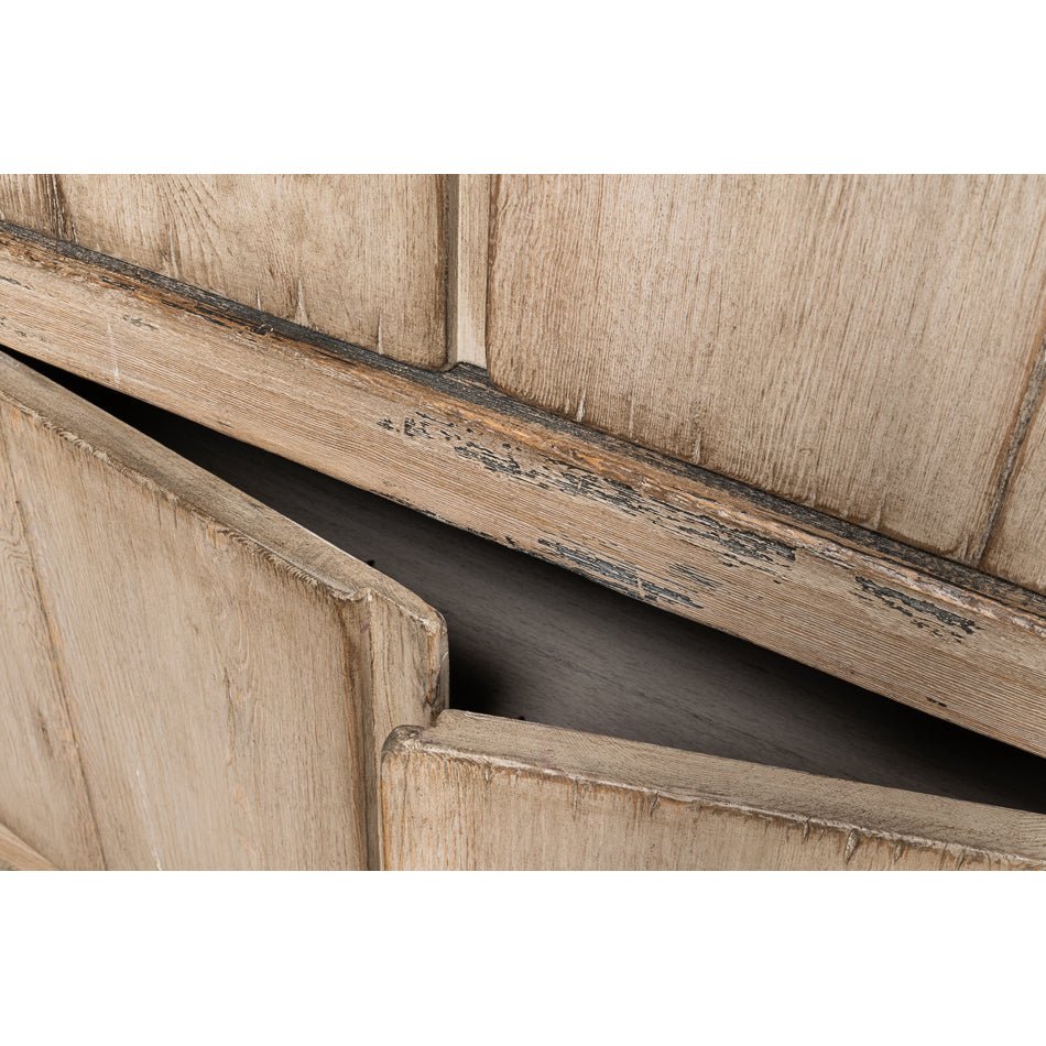 Rustic French tall cabinet, close-up lower door open.