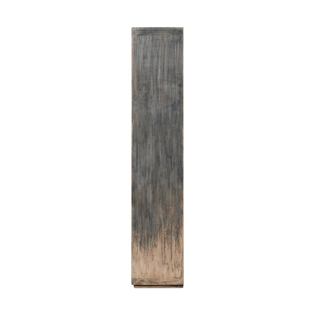 Rustic French tall cabinet, side straight view, closed doors.