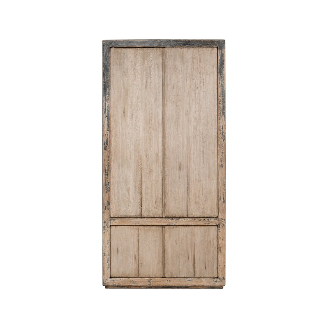 Rustic French tall cabinet, straight front view, closed doors.