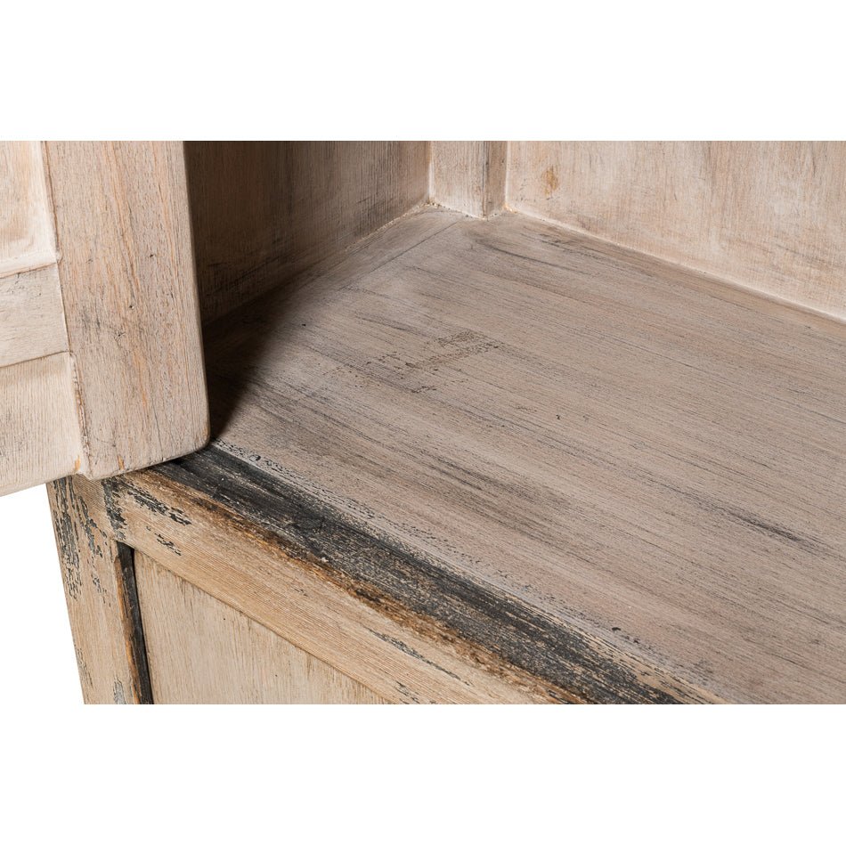 Rustic French tall cabinet, interior shelf close-up detail.