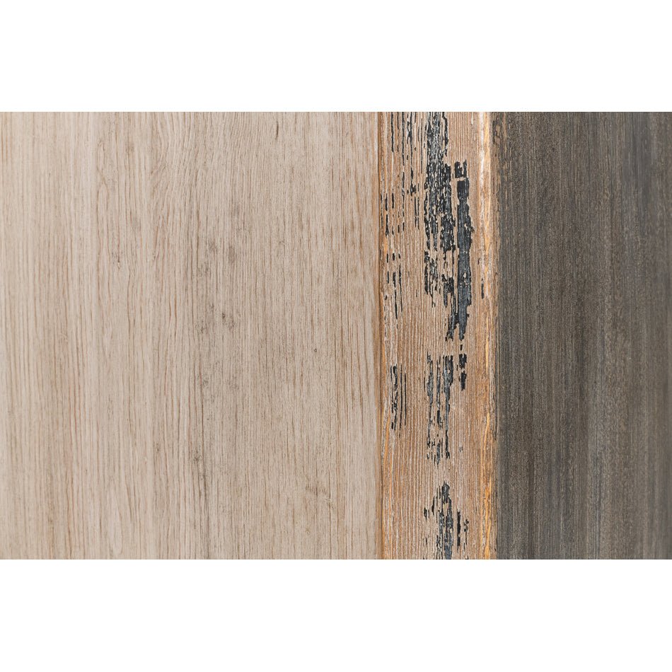 Rustic French tall cabinet, close-up wood texture detail.