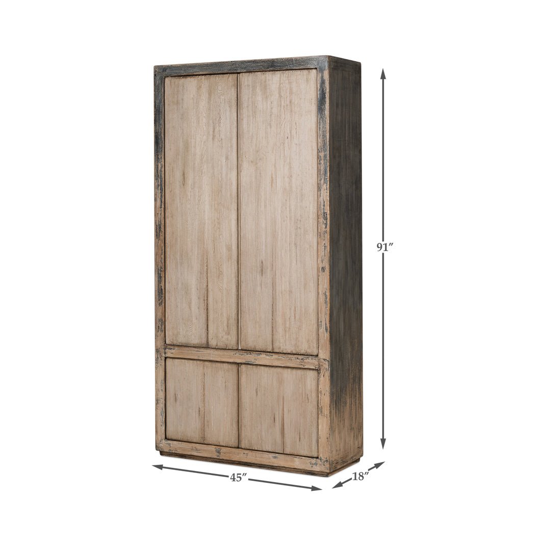 Rustic French tall cabinet, dimensions shown, full view.