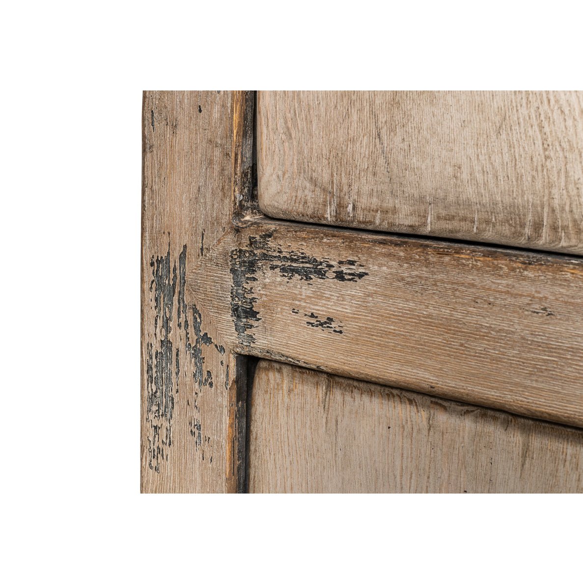 Rustic French tall cabinet, close-up hinge detail.