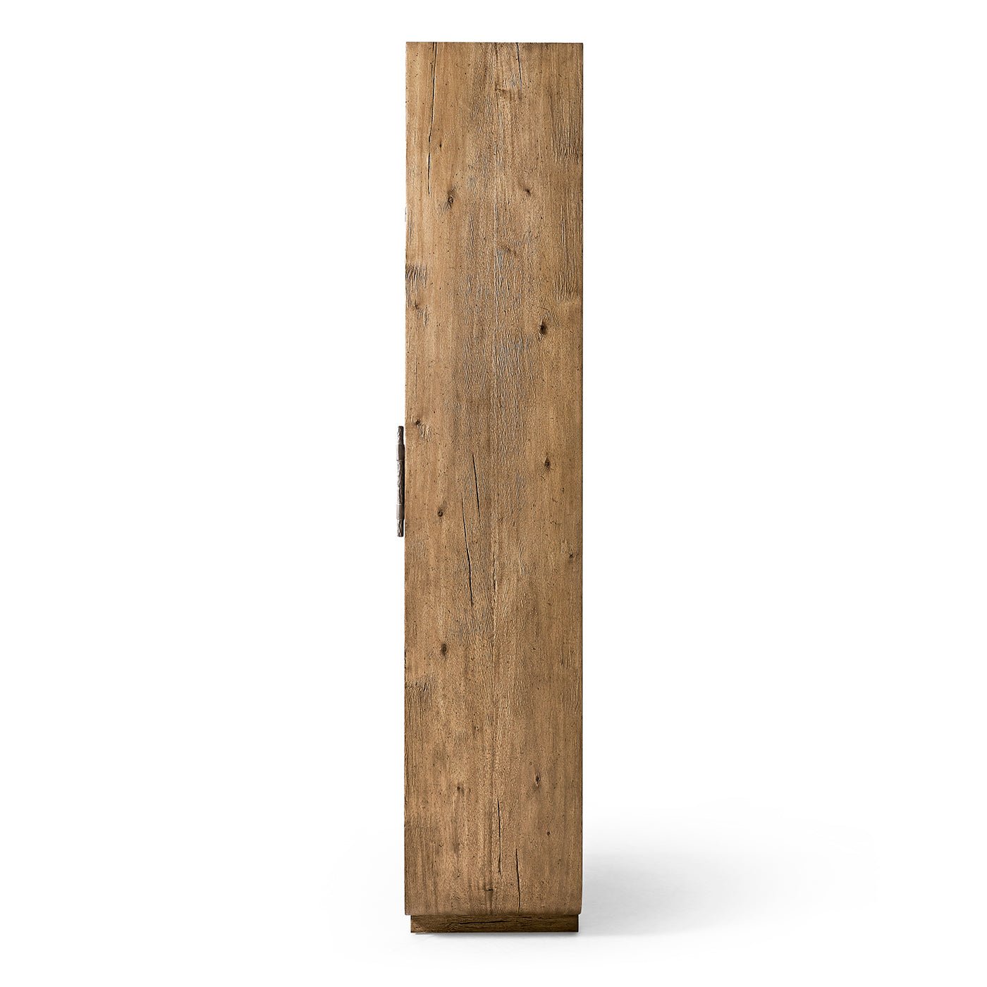 Side profile of rustic glass door display cabinet.
