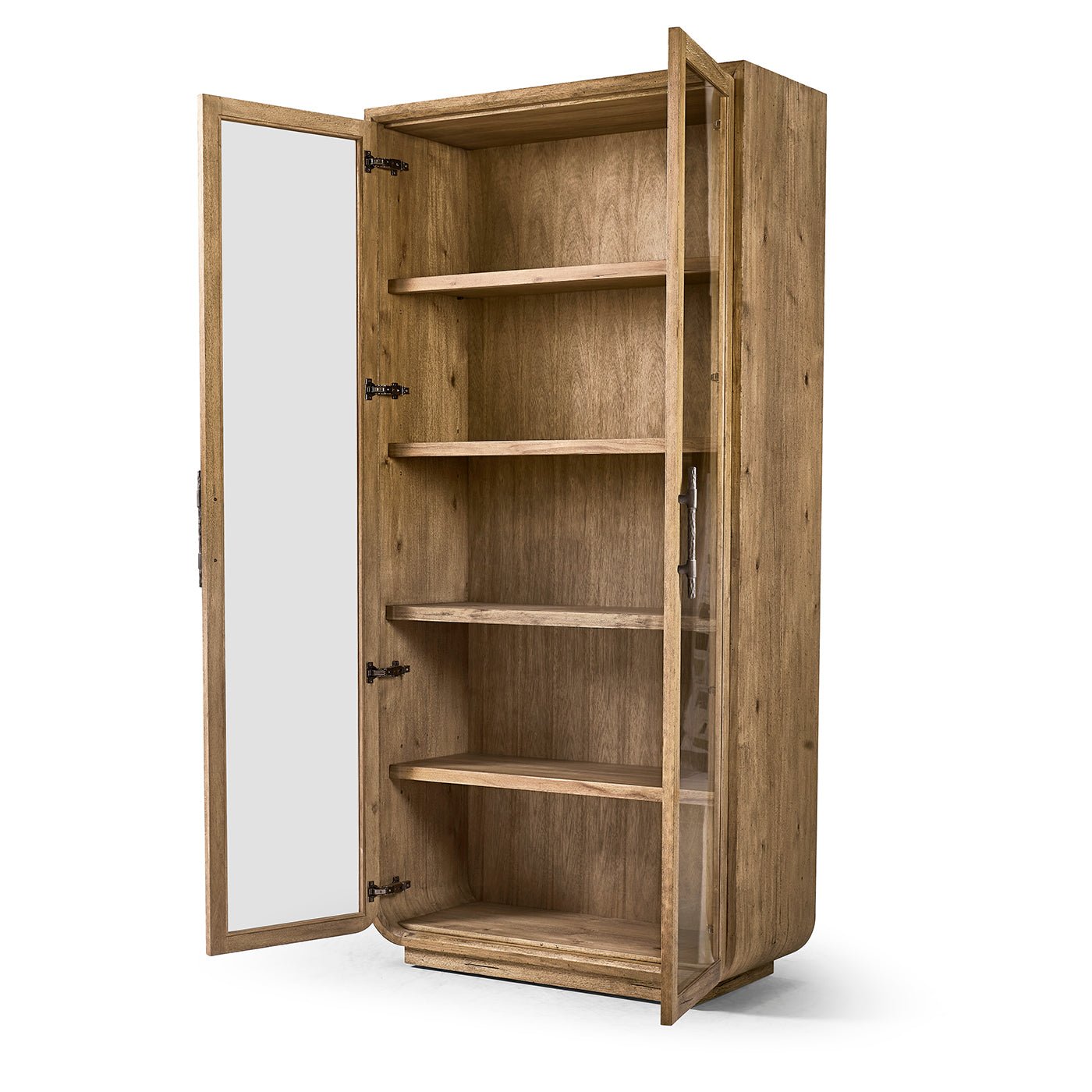 Open rustic display cabinet with interior shelves visible.