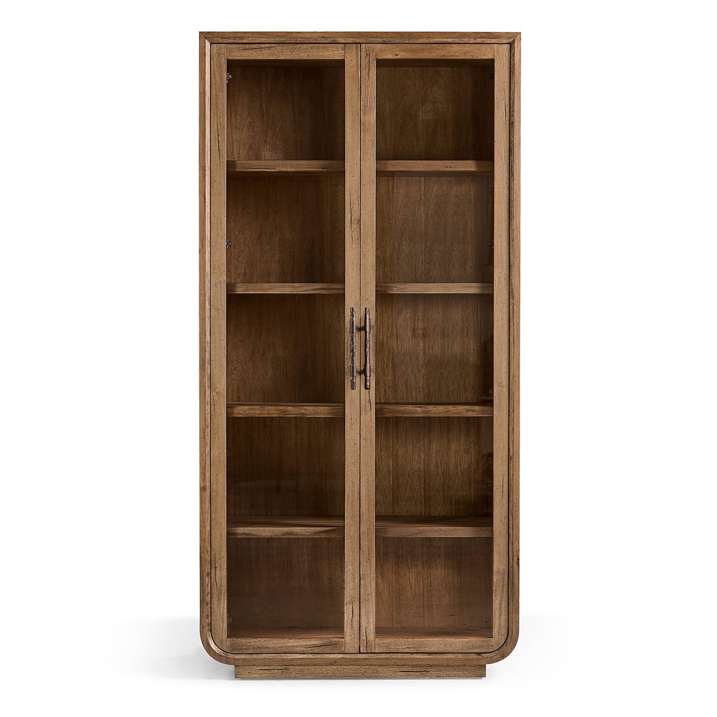 Front view of rustic glass door display cabinet.