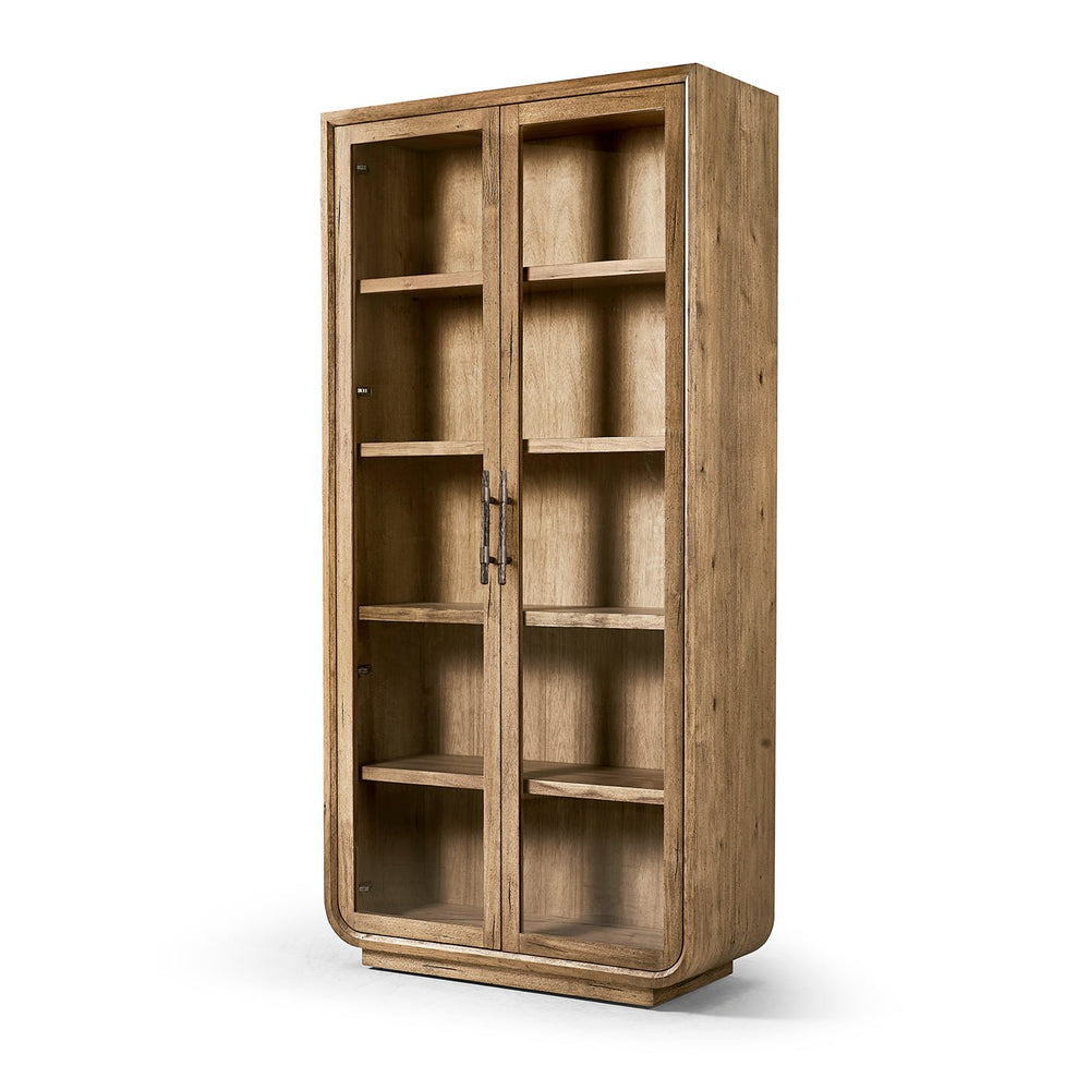 Angled view of rustic glass door display cabinet.