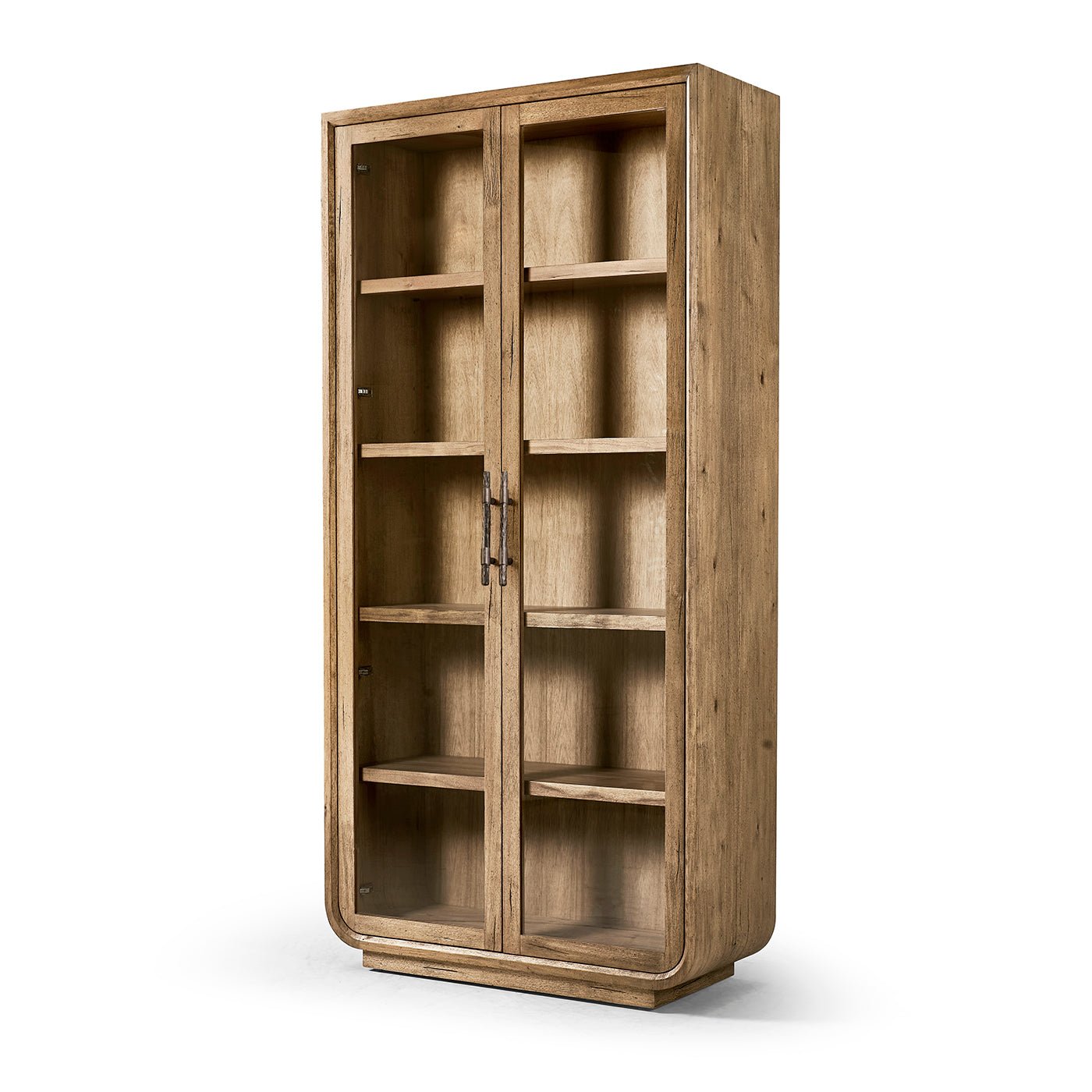 Angled view of rustic glass door display cabinet.