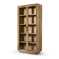 Angled view of rustic glass door display cabinet.