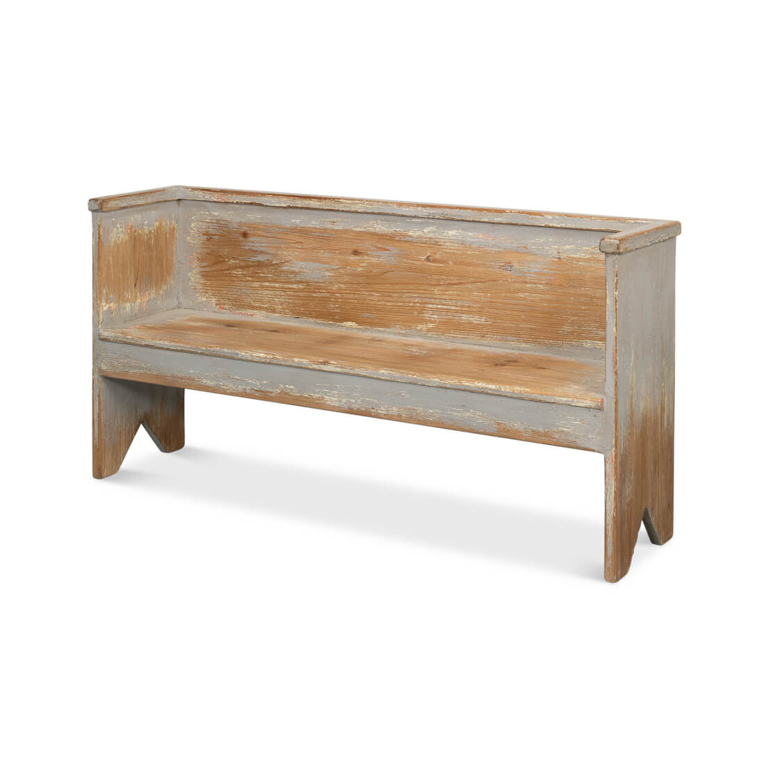 Rustic gray painted bench, angled view, wooden texture.