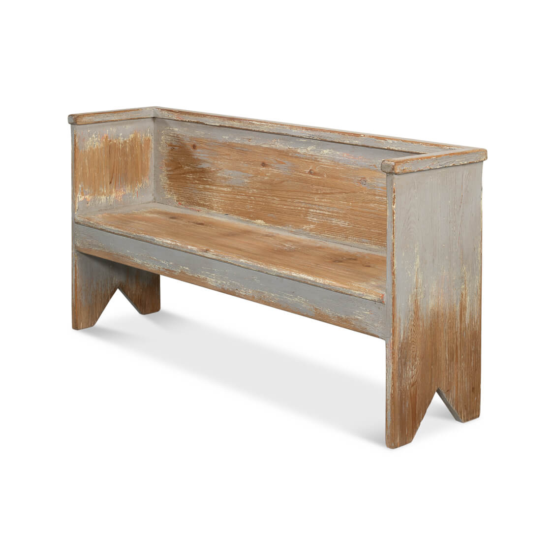 Rustic gray painted bench, perspective view, distressed edges.
