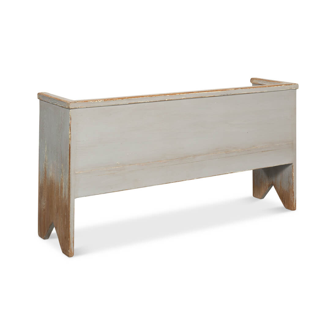 Rustic gray bench, rear angled view, vintage look.