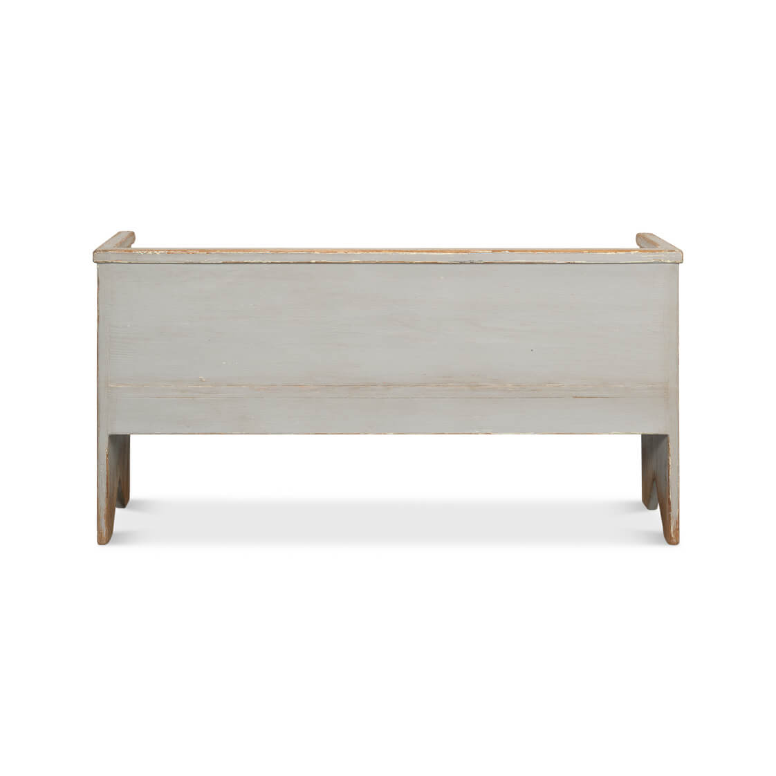 Rustic gray painted bench, back view, smooth wood panel.