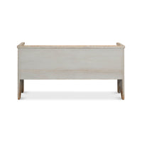 Rustic gray painted bench, back view, smooth wood panel.