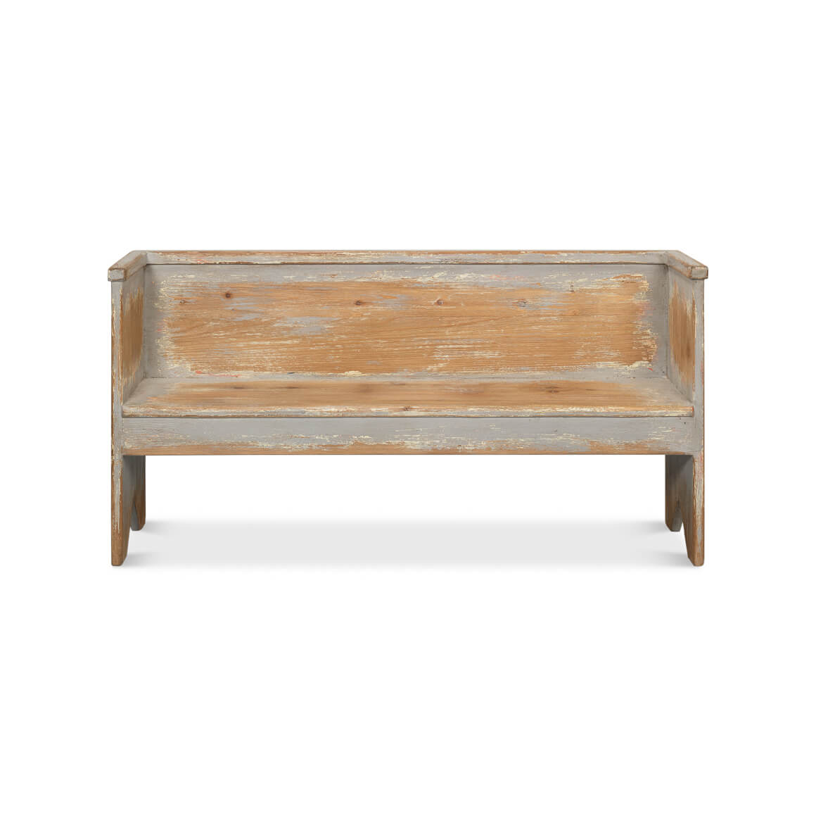 Rustic gray bench, front view, weathered finish detail.