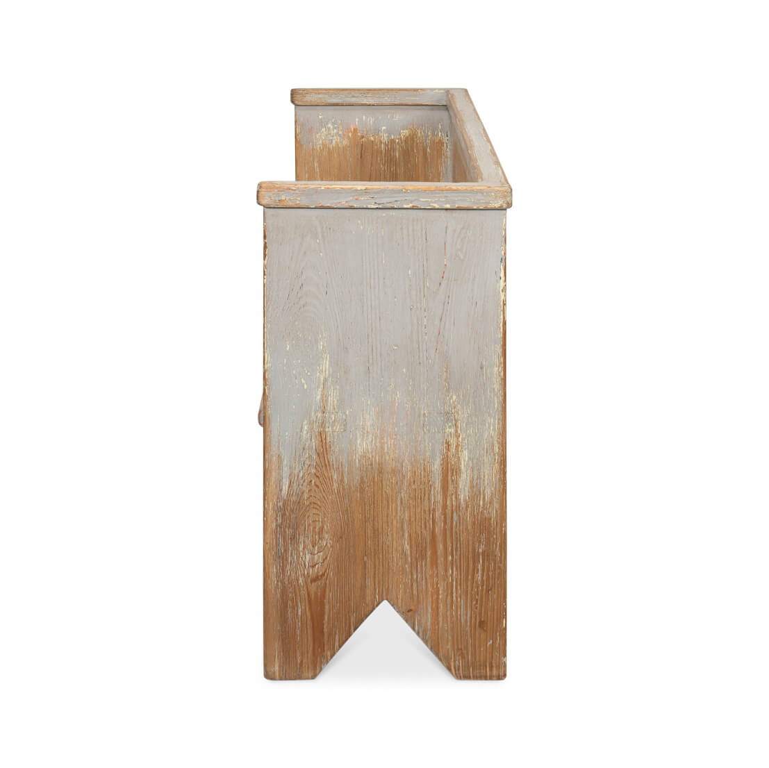Rustic gray painted bench, side view, highlighting texture.