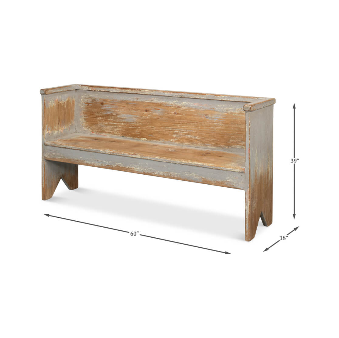 Rustic gray painted bench, dimensions view, size measurements shown.
