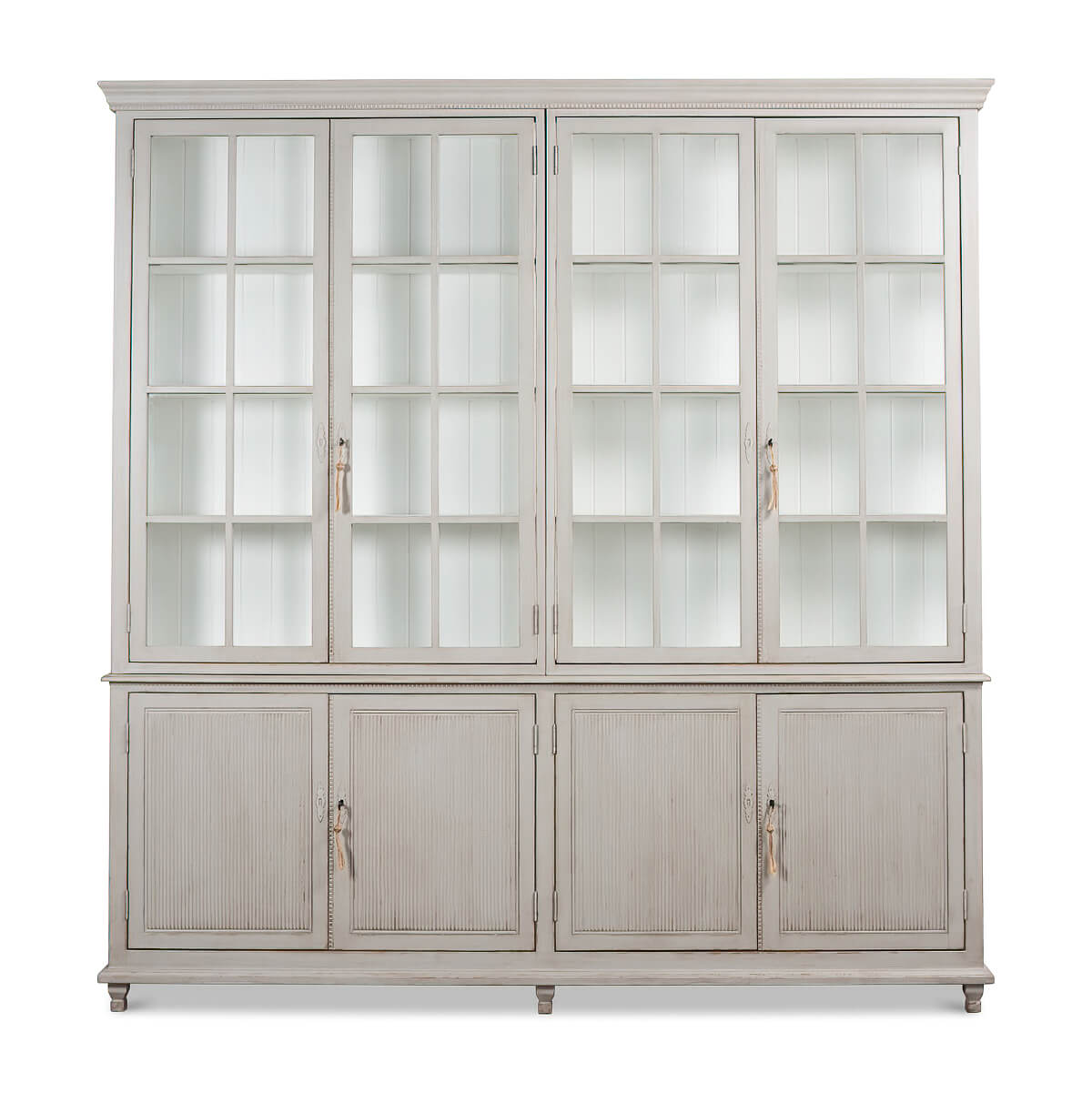 Front view of rustic grey painted bookcase with doors