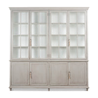 Front view of rustic grey painted bookcase with doors