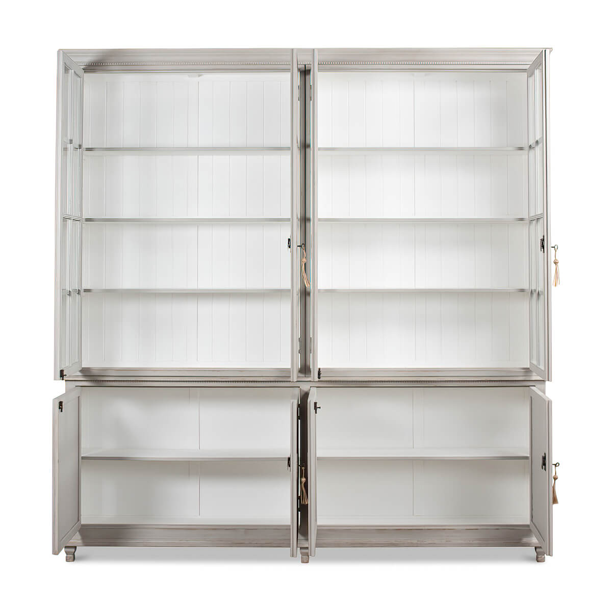 Open rustic grey painted bookcase showing interior shelves
