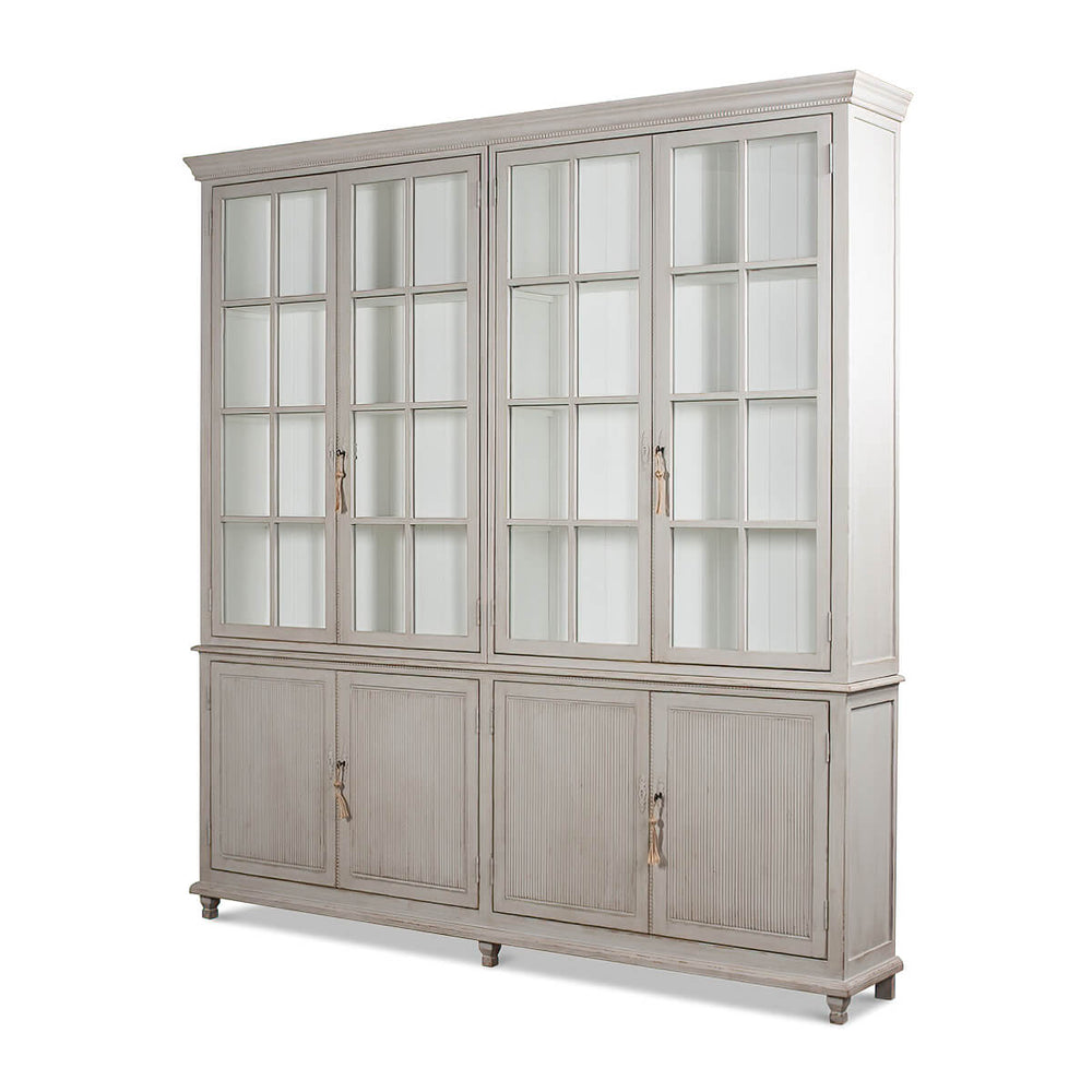 Front angle view of rustic grey painted bookcase