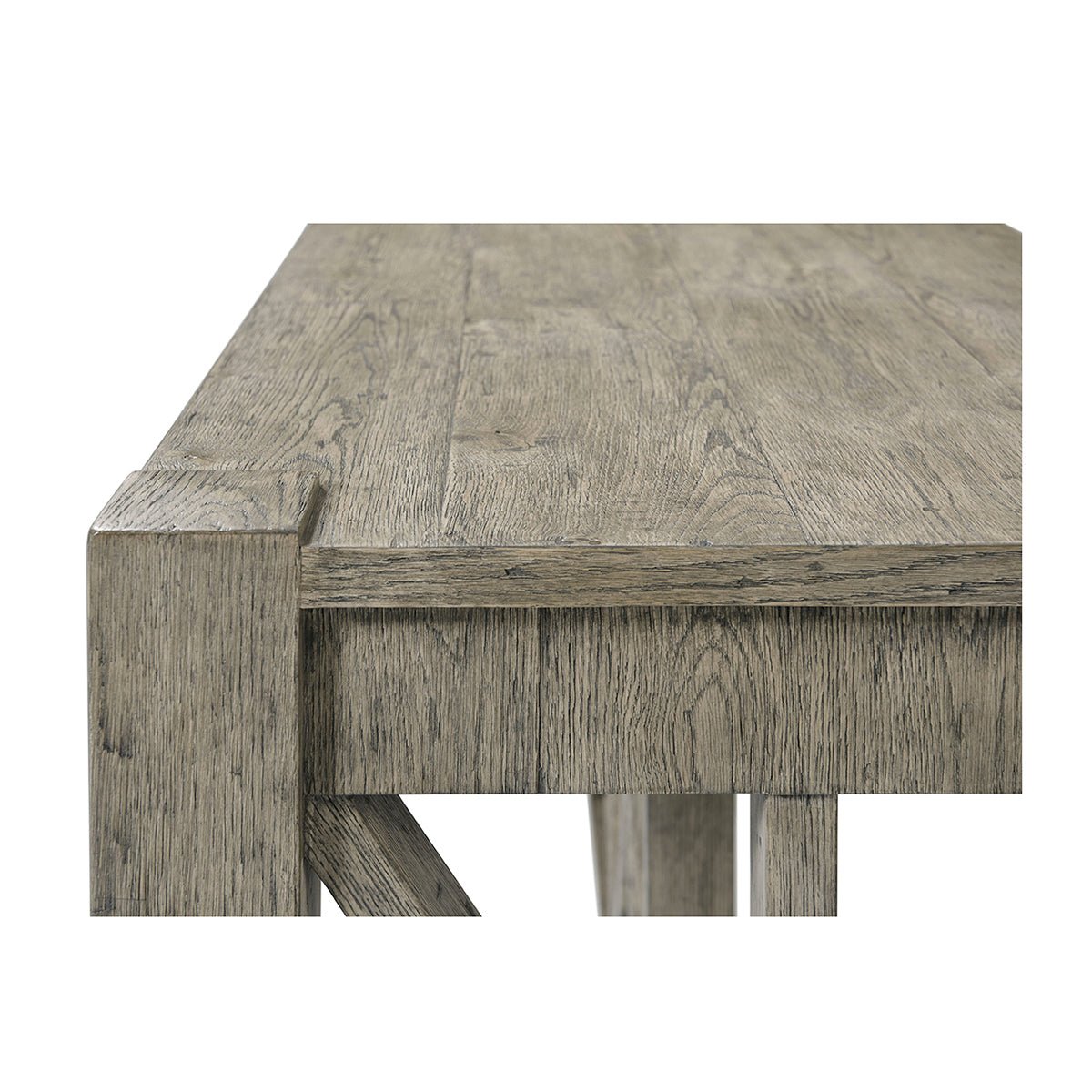 Rustic greyed oak console table, edge and texture detail.