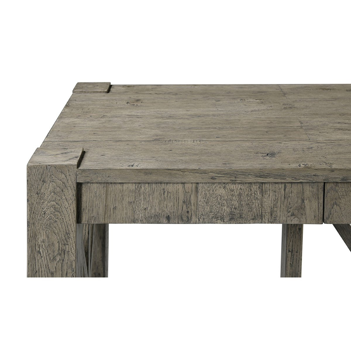Rustic greyed oak console table, close-up corner detail.
