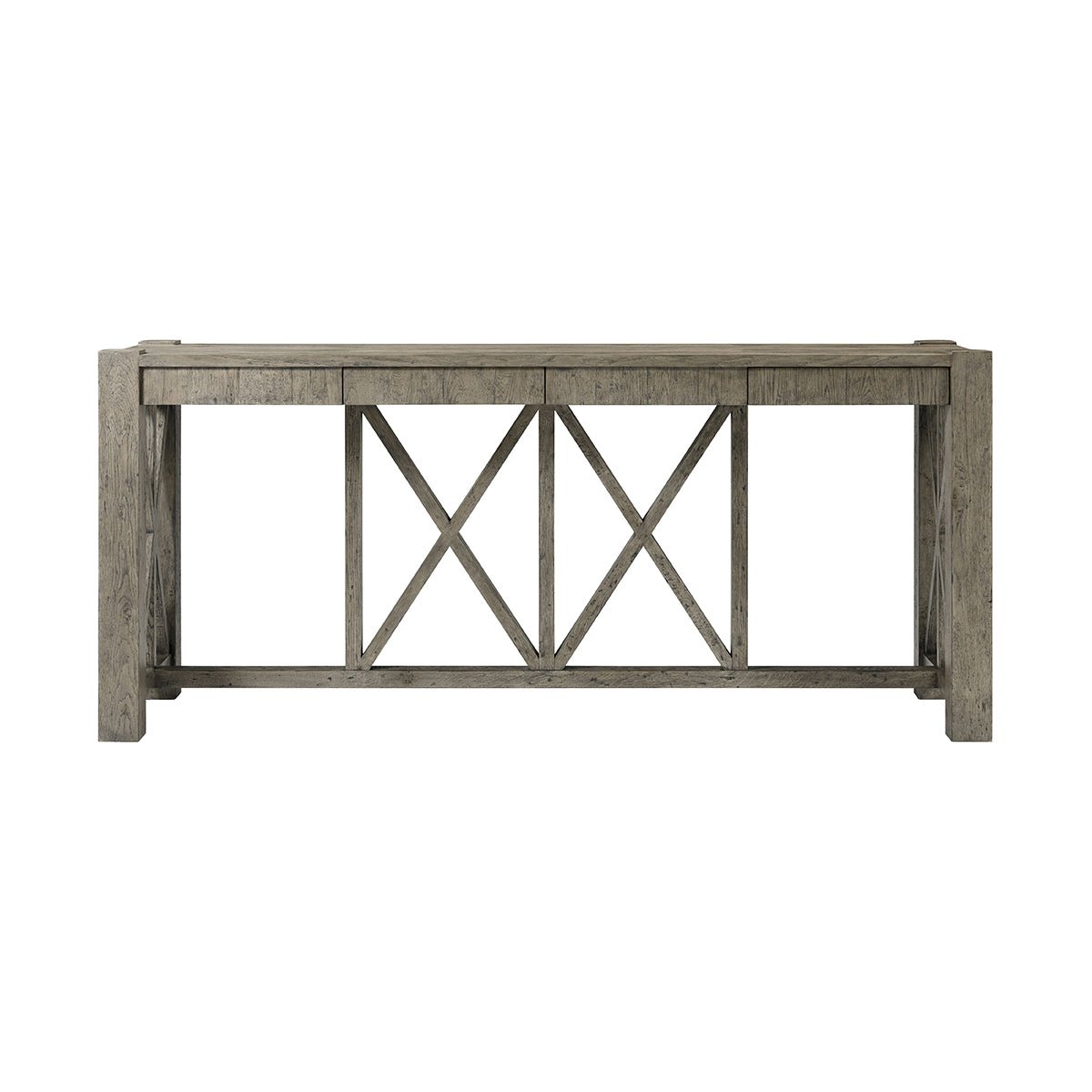 Rustic greyed oak console table, front view.