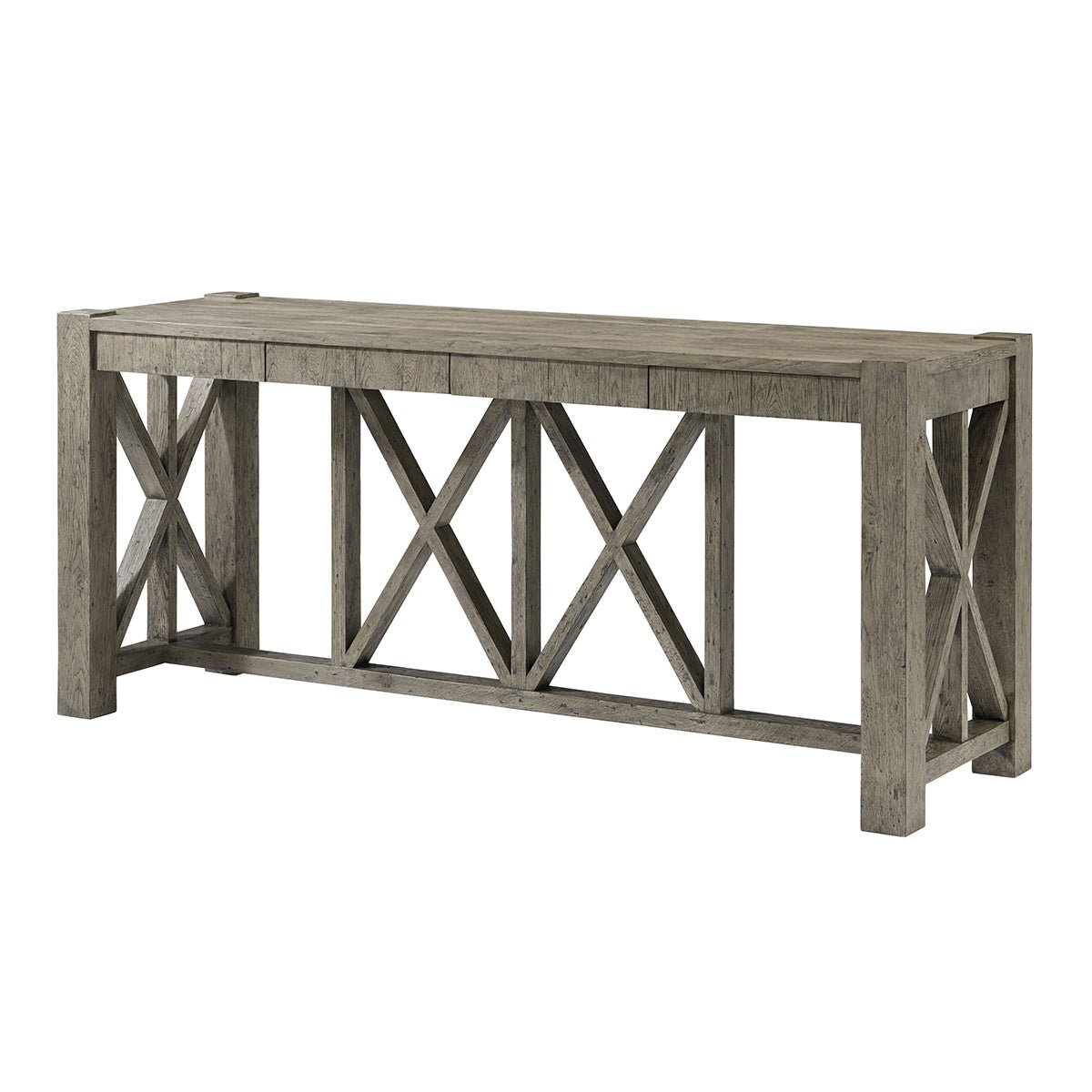 Rustic greyed oak console table, angled side view.