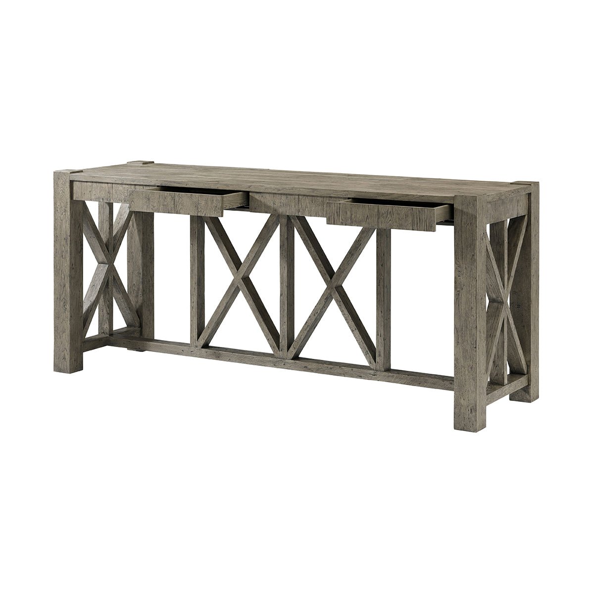 Rustic greyed oak console table, open drawers detail.