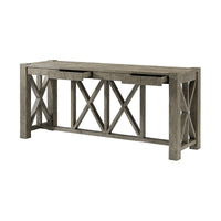 Rustic greyed oak console table, open drawers detail.
