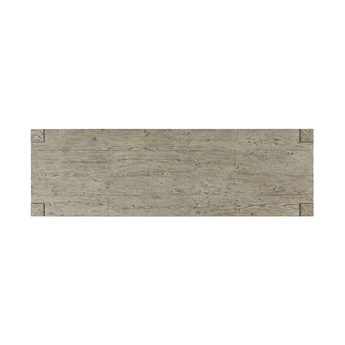 Rustic greyed oak console table, top view.