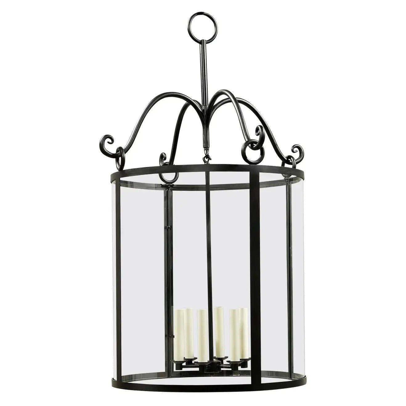 Black metal and glass rustic hall lantern, top view.
